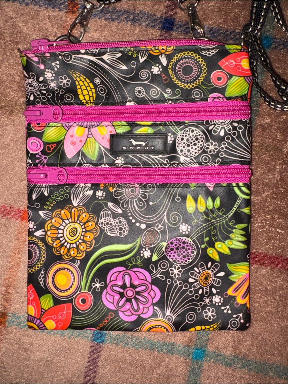 Scout Black Floral Crossbody Bag with Pink Trim